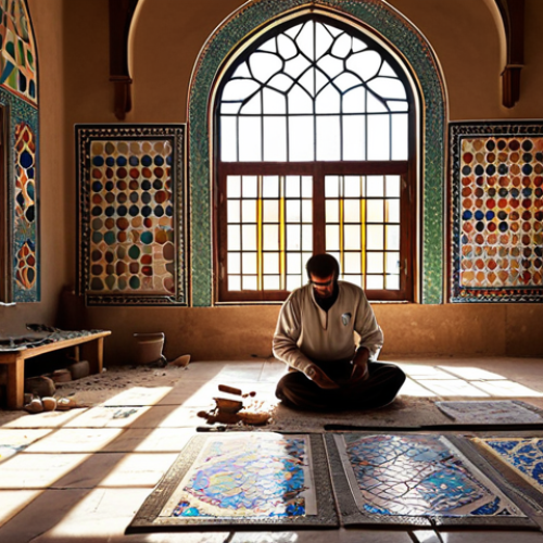 **Restoration Workshop Scene:**  A bustling workshop in an old Middle Eastern city. Skilled artisans meticulously restoring a mosaic, piecing together colorful tiles.  Sunlight streams through arched windows.  Tools and materials are scattered around, showing the artistry and dedication involved in preserving cultural heritage. Consider adding Arabic calligraphy elements in the background.