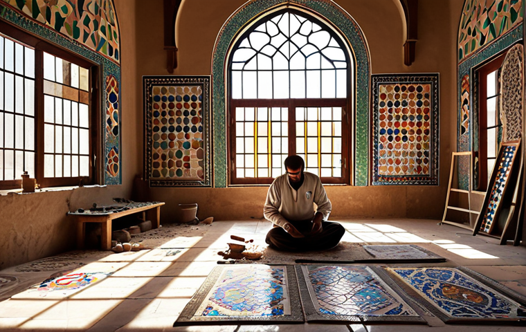 **Restoration Workshop Scene:**  A bustling workshop in an old Middle Eastern city. Skilled artisans meticulously restoring a mosaic, piecing together colorful tiles.  Sunlight streams through arched windows.  Tools and materials are scattered around, showing the artistry and dedication involved in preserving cultural heritage. Consider adding Arabic calligraphy elements in the background.
