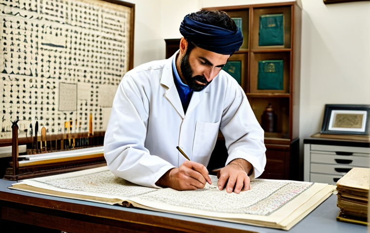 Preserving Ancient Manuscripts**

"A professional conservator, fully clothed in appropriate attire, carefully restores an ancient Arabic manuscript in a well-lit conservation lab, surrounded by specialized tools and archival materials, safe for work, perfect anatomy, correct proportions, natural pose, professional, high quality."

**