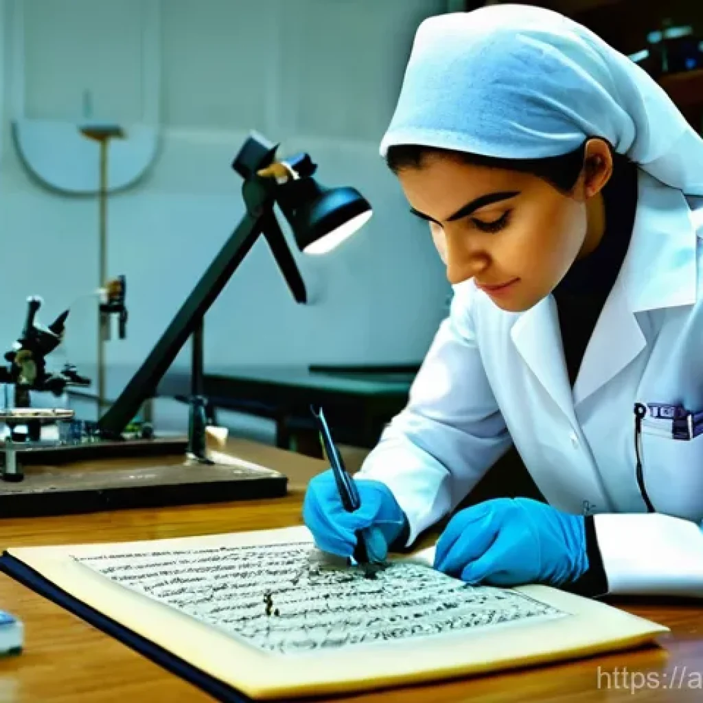 문화재수리 취업 시장 분석 - **Prompt:** A focused Arab female conservator, dressed in professional but modest attire (e.g., long...