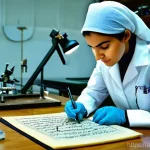 문화재수리 취업 시장 분석 - **Prompt:** A focused Arab female conservator, dressed in professional but modest attire (e.g., long...