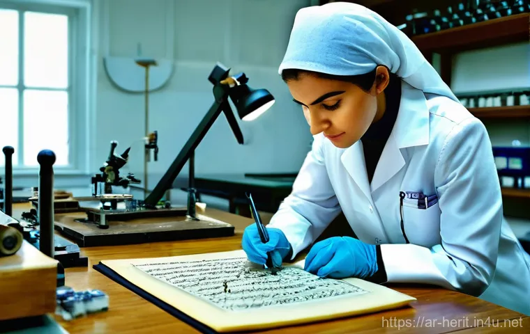 문화재수리 취업 시장 분석 - **Prompt:** A focused Arab female conservator, dressed in professional but modest attire (e.g., long...