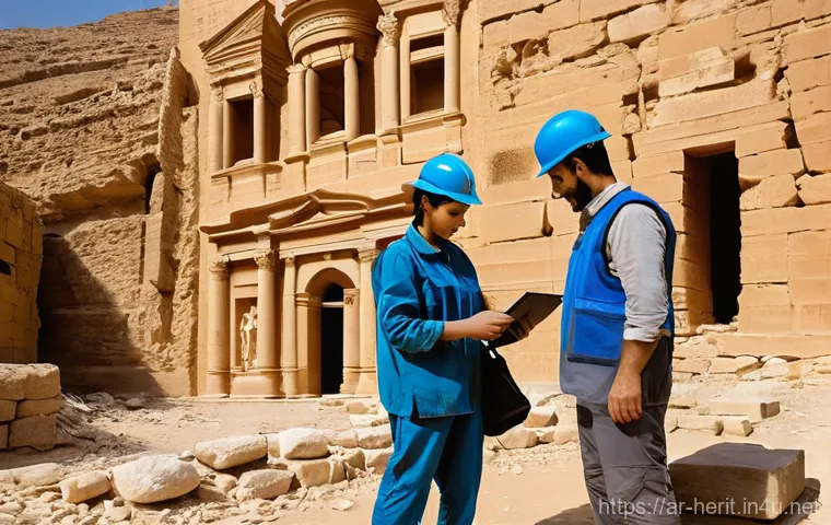 문화재수리 취업 시장 분석 - **Prompt:** A focused Arab female conservator, dressed in professional but modest attire (e.g., long...