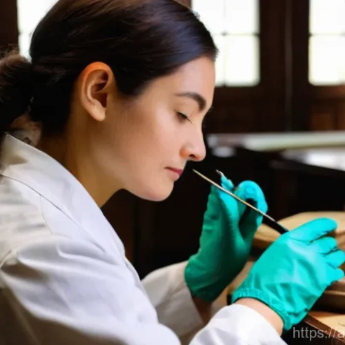 문화재수리 자격증 서적 추천 - **Prompt:** A focused and respectful female conservator, dressed in a clean, modest lab coat and glo...