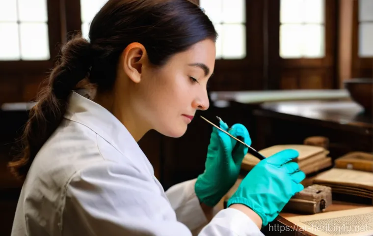 문화재수리 자격증 서적 추천 - **Prompt:** A focused and respectful female conservator, dressed in a clean, modest lab coat and glo...