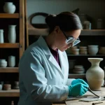 문화재수리 취업 면접 준비 꿀팁 - A highly detailed image of a focused female conservator in her late 30s, wearing a clean white lab c...