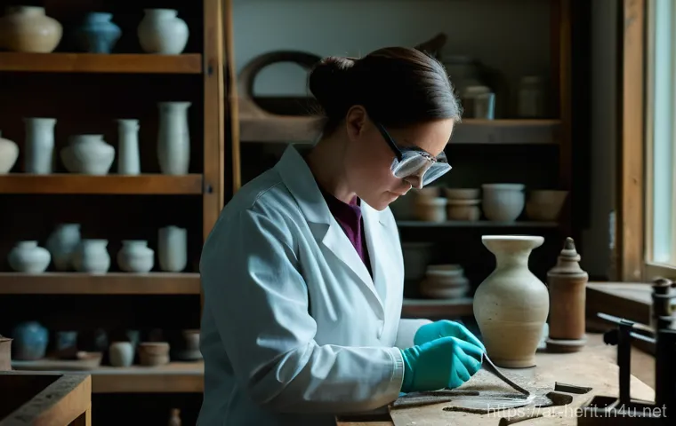 문화재수리 취업 면접 준비 꿀팁 - A highly detailed image of a focused female conservator in her late 30s, wearing a clean white lab c...