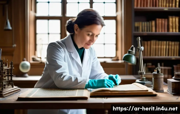 문화재수리업 연봉 협상 팁 - An experienced heritage restorer, a woman in her late 40s, with a focused expression, meticulously w...