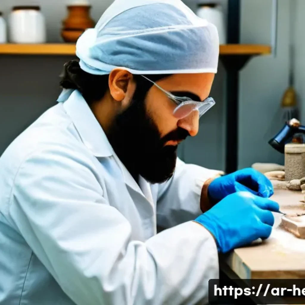 문화재수리 자격증 시험 난이도 분석 - **Prompt:** A focused and skilled Arab archaeological restorer, wearing a clean lab coat and protect...