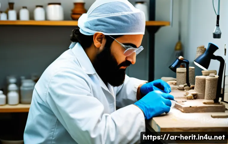 문화재수리 자격증 시험 난이도 분석 - **Prompt:** A focused and skilled Arab archaeological restorer, wearing a clean lab coat and protect...
