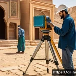 문화재수리 프로젝트 실패 사례 분석 - A detailed scene of an expert restoration team conducting a comprehensive field study at a historic ...