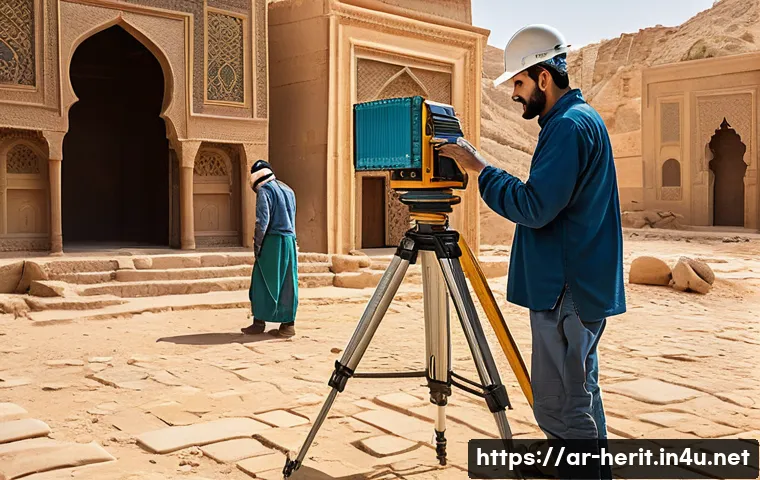 문화재수리 프로젝트 실패 사례 분석 - A detailed scene of an expert restoration team conducting a comprehensive field study at a historic ...