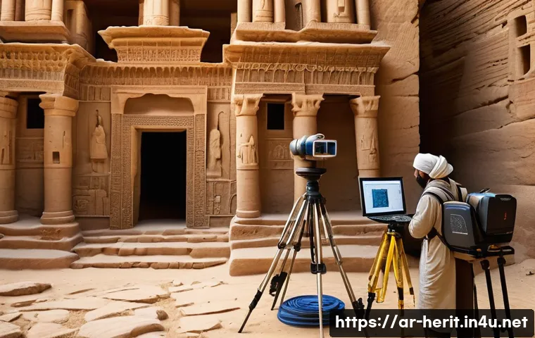 문화재수리 관련 실무 사례 공유 - A highly detailed digital 3D scanning setup at an ancient Middle Eastern archaeological site, featur...