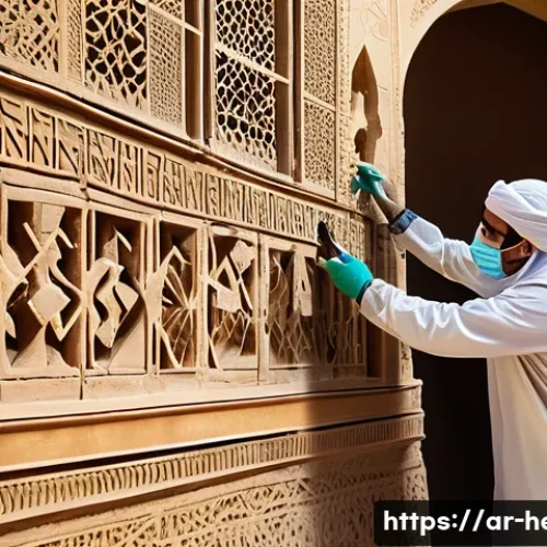 Home 32 문화재수리에서의 책임과 법적 의무 - A detailed scene of a skilled restoration technician working on a historic Islamic architectural sit...