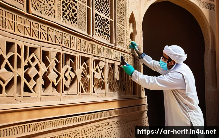 문화재수리에서의 책임과 법적 의무 - A detailed scene of a skilled restoration technician working on a historic Islamic architectural sit...
