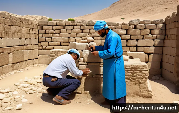 문화재수리 이론과 실무의 차이점 - A detailed scene of an archaeological restoration team working on a historic site in the Middle East...