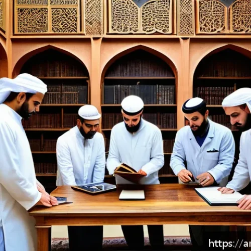 Home 17 문화재수리 자격증 합격 전략 - A detailed scene of a Middle Eastern cultural heritage conservation workshop, featuring a diverse gr...
