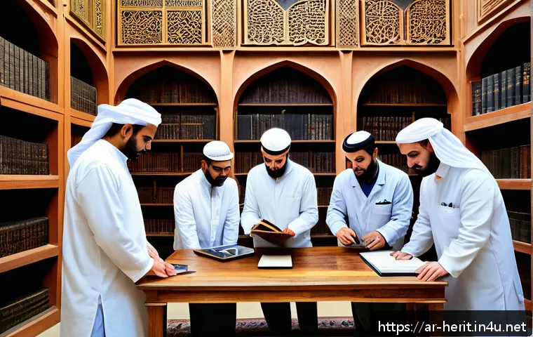 문화재수리 자격증 합격 전략 - A detailed scene of a Middle Eastern cultural heritage conservation workshop, featuring a diverse gr...