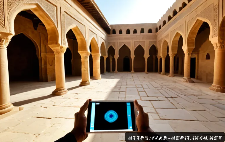 문화재수리 관련 산업의 최신 기술 - Photorealistic conservation team restoring an ancient sandstone courtyard in a historic Middle Easte...