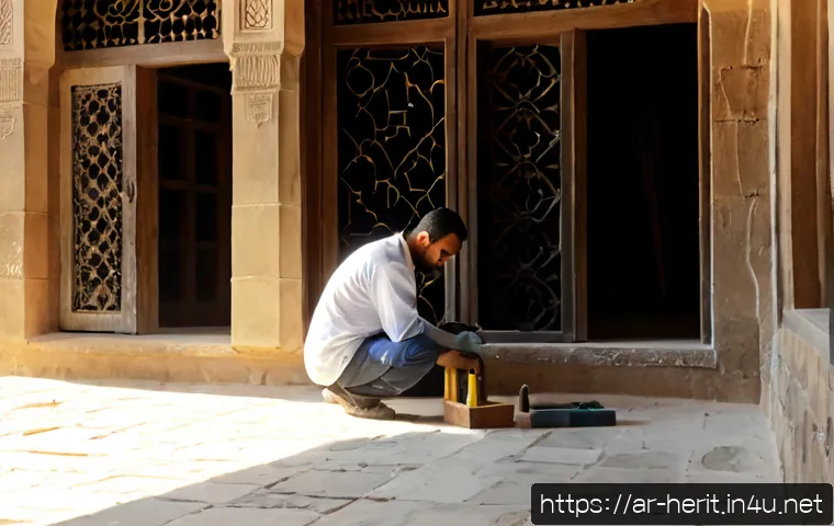문화재수리업의 현재와 미래 - Photorealistic heritage restoration workshop in an old Arab courtyard house, skilled conservator in ...